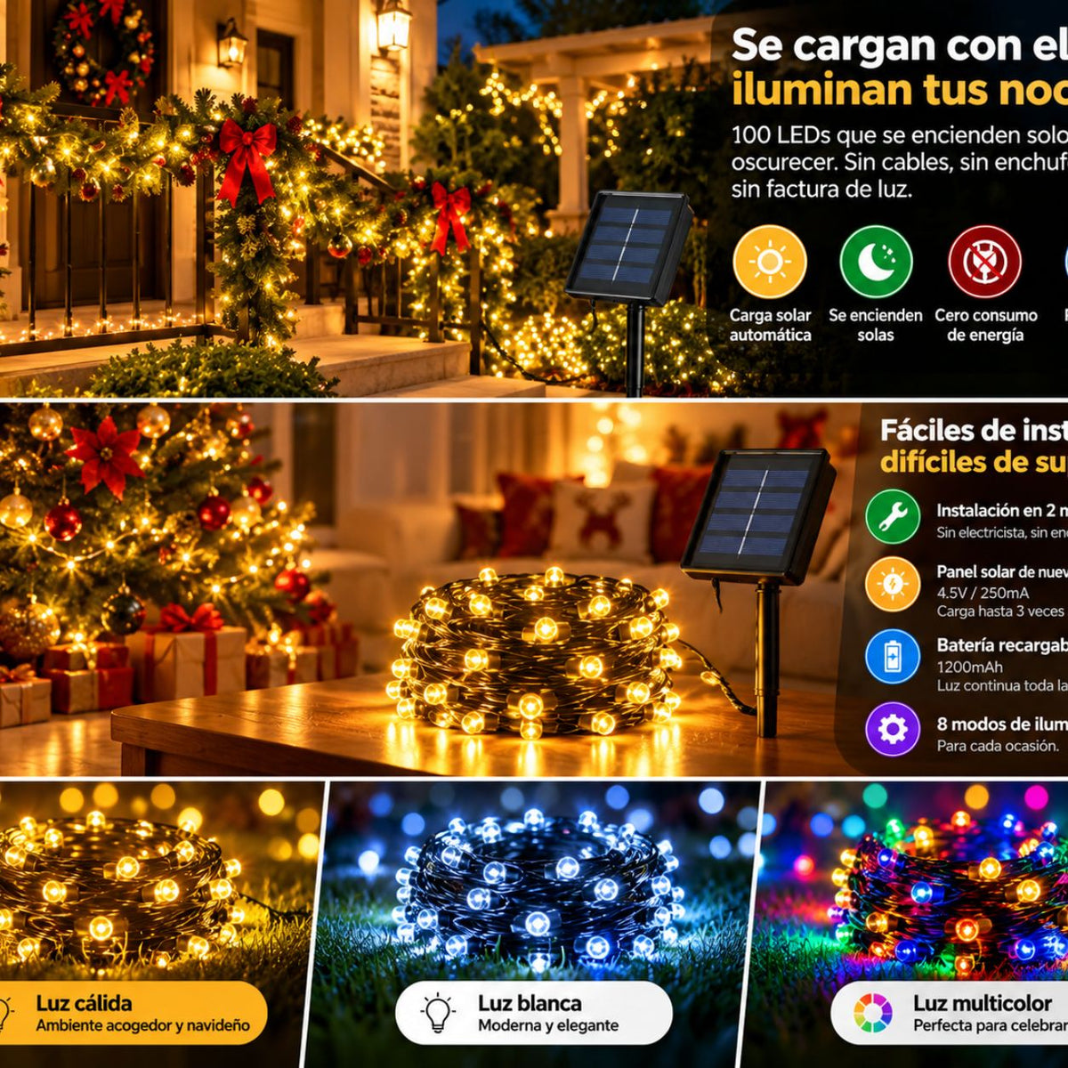 🎇 LumiSolar 100 LED ¨100 LEDs + 8 modos de iluminación + carga solar + encendido automático¨