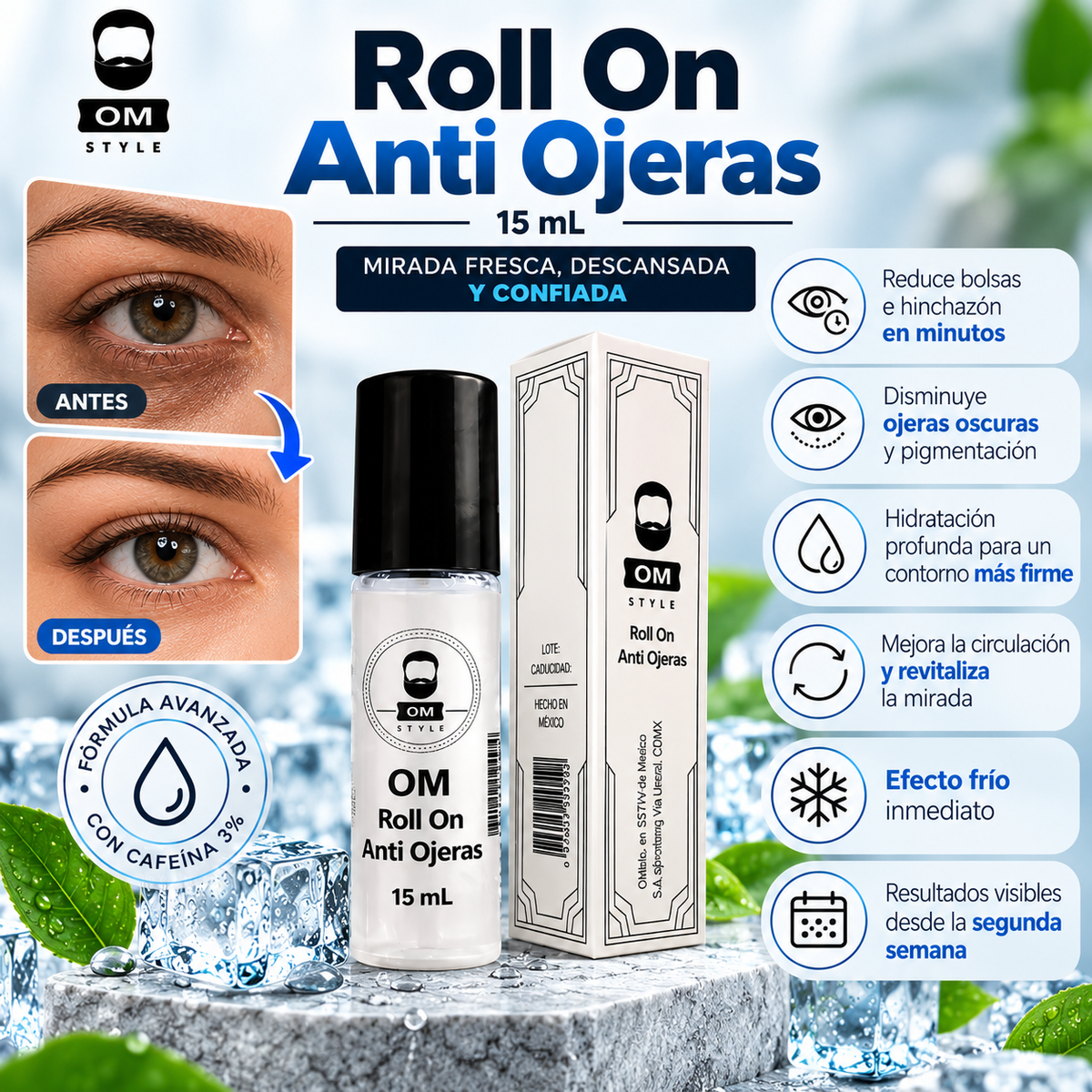 Refresca tu mirada, reduce la apariencia de ojeras y bolsas, Roll On Anti Ojeras OM STYLE