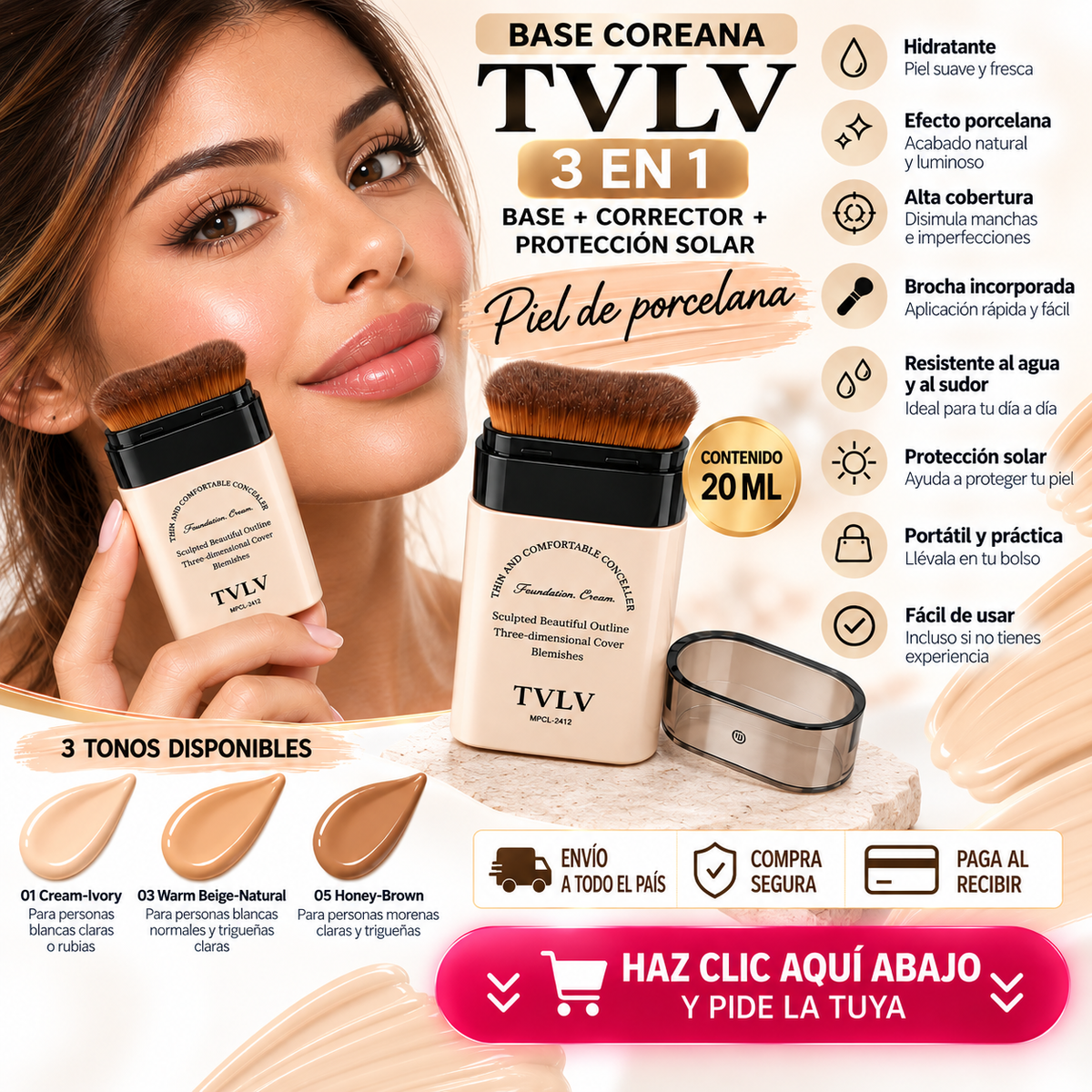 ✨ TVLV KOREAN GLOW 3 EN 1  Base Coreana + Corrector + Protección Solar