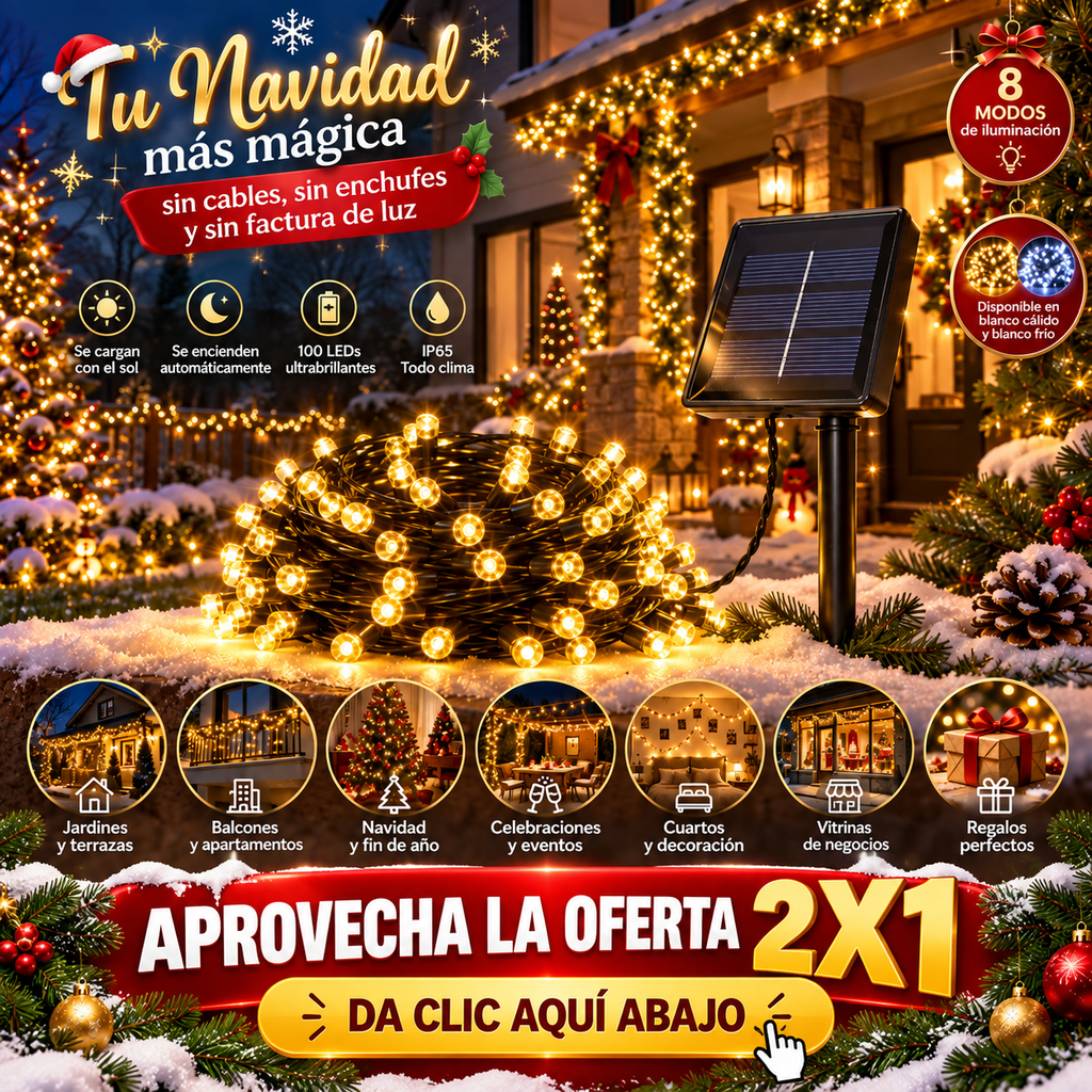 🎇 LumiSolar 100 LED ¨100 LEDs + 8 modos de iluminación + carga solar + encendido automático¨
